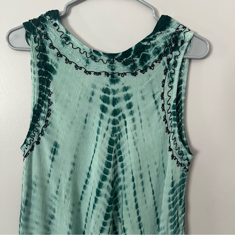 Tie Dye Green Embroidered Midi Dress Asymmetrical Hem Beach Swim Coverup Boho - Picture 9 of 12